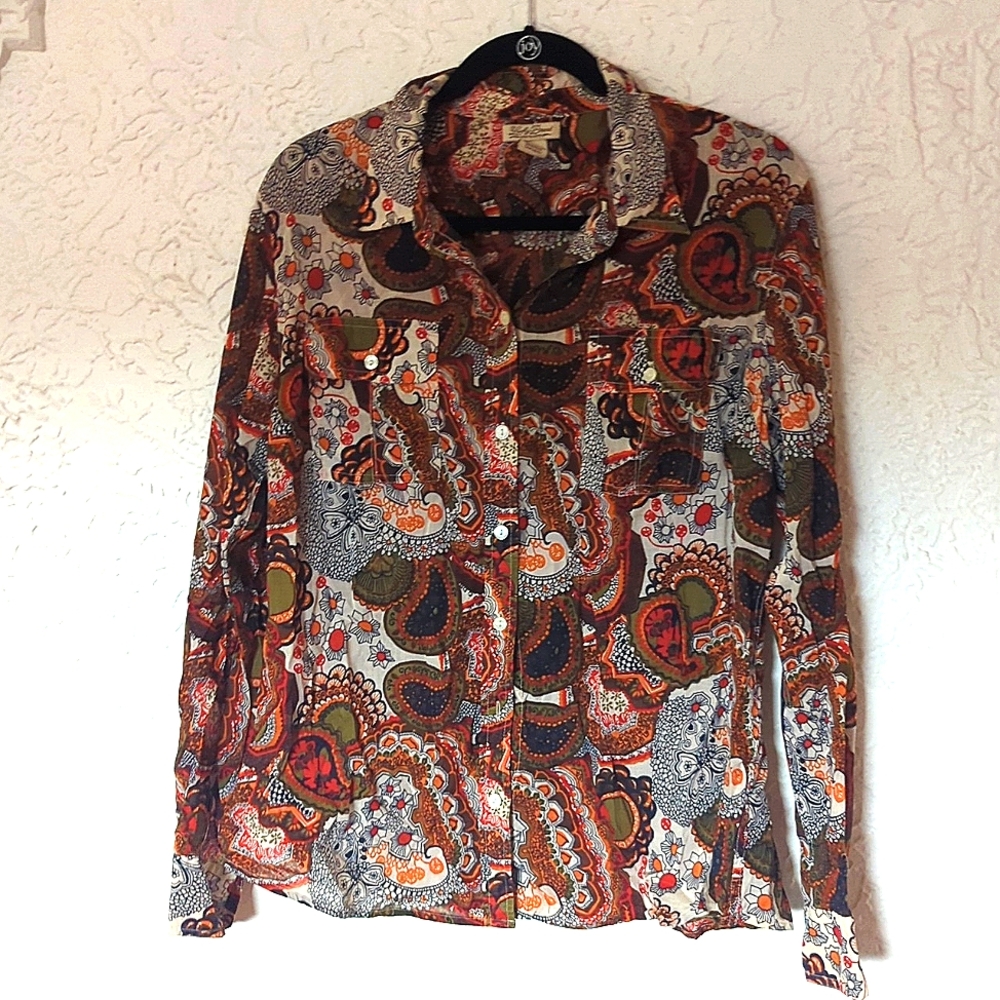 60s 70s Retro Groovy Flower Power Psychedelic Print Button Up Blouse Shirt